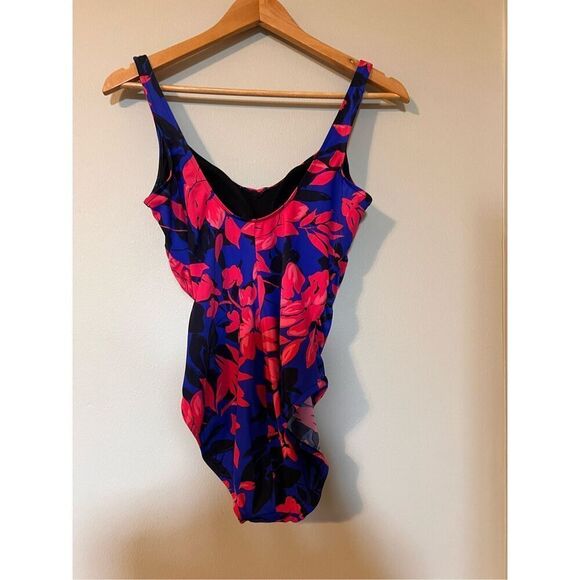 Aqua Green Size M One Piece Cinch Front Swimsuit Royal Blue Pink Tropical Floral - Picture 6 of 10